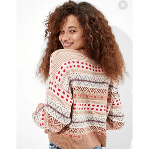 American Eagle Fair Isle Crew Neck Sweater Size XS Cabincore Cotton Relaxed Fit